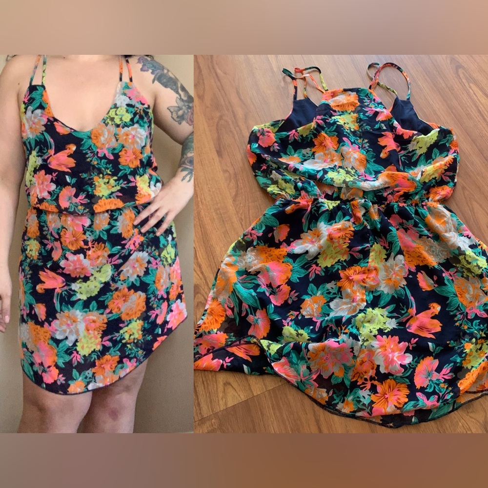 SEDUCTIONS neon colourful floral halter back v neck mini summer dress